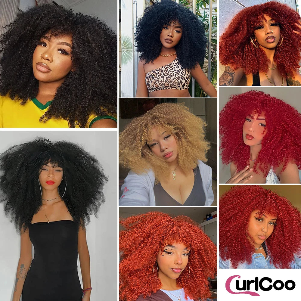 Afro Curly Wigs for Black Women Black to Brown Afro Kinky Curly Wig with Bangs 18Inch Synthetic Fibre Glueless Cosplay Hair