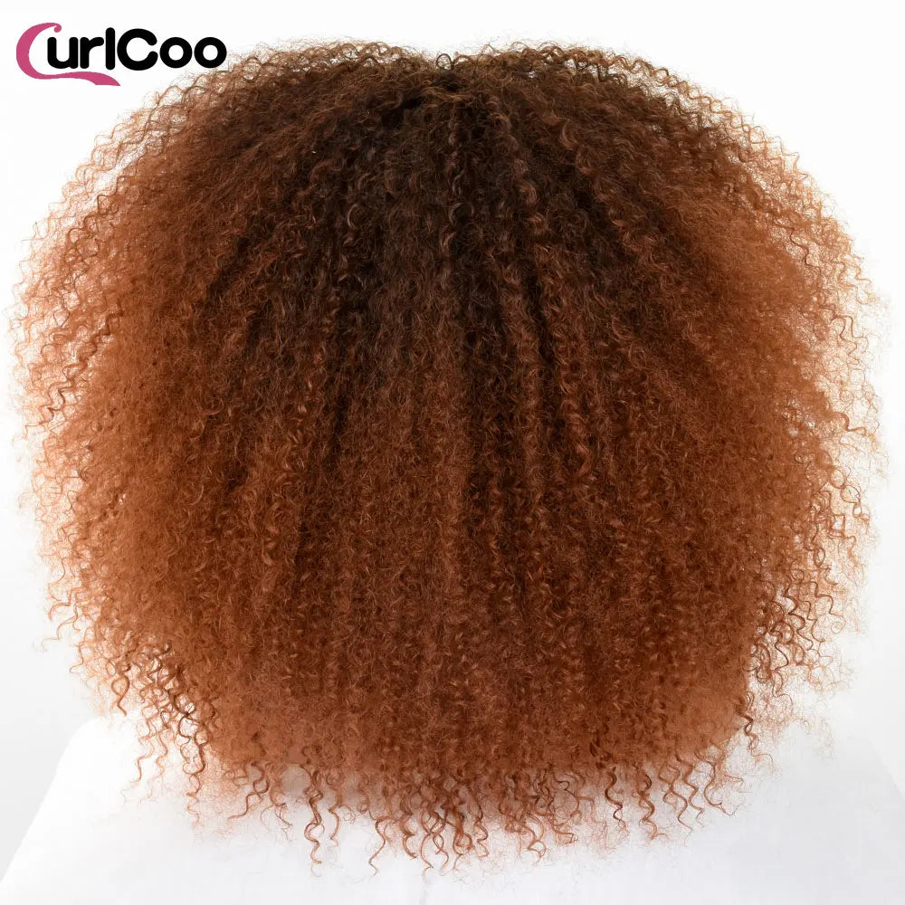 Afro Curly Wigs for Black Women Black to Brown Afro Kinky Curly Wig with Bangs 18Inch Synthetic Fibre Glueless Cosplay Hair