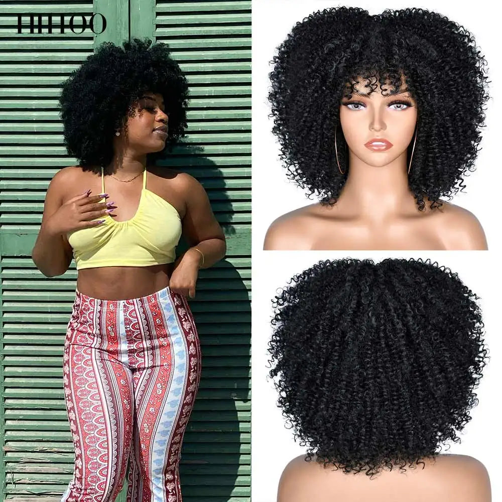 Short Hair Kinky Curly Afro Wigs With Bangs For Women 10" Synthetic African Glueless Cosplay Heat Resistant Wigs HIHOO