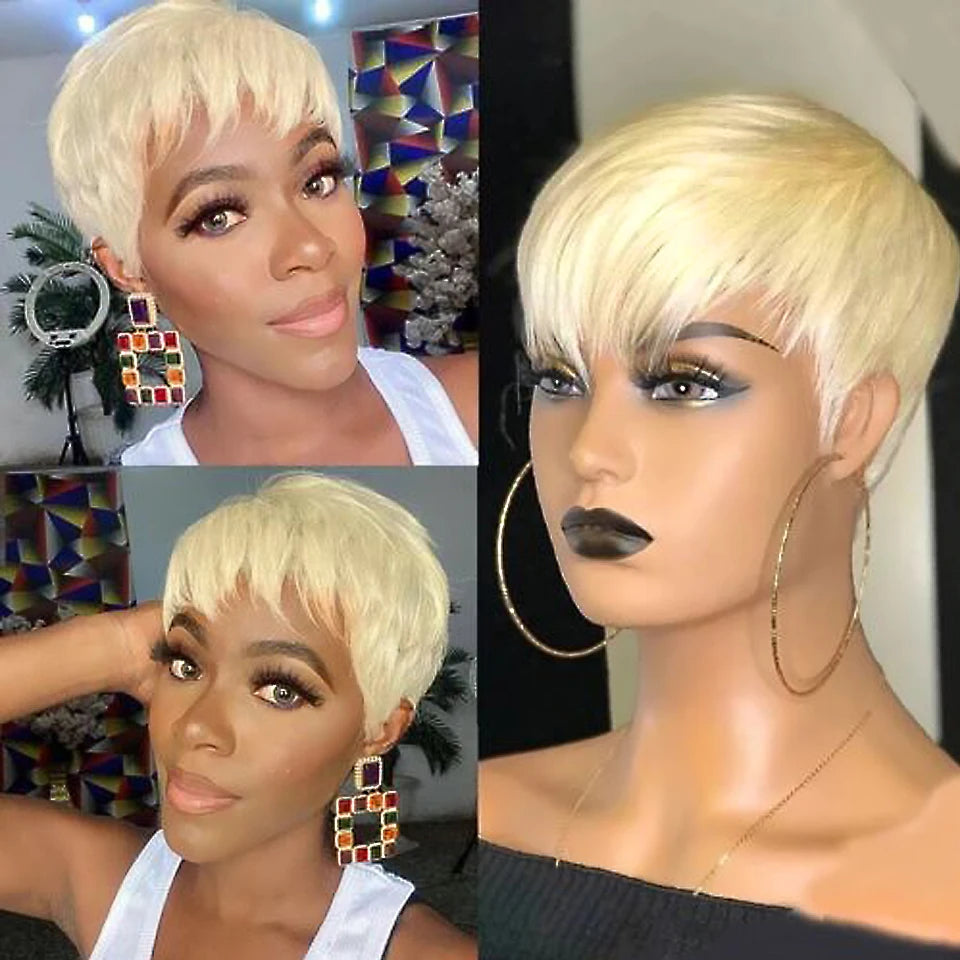 Debut 613 Honey Blonde Color Short Bob Straight Human Wigs With Bangs Brazilian Virgin Hair Pixie Cut Wig Cheap Human Hair Wig