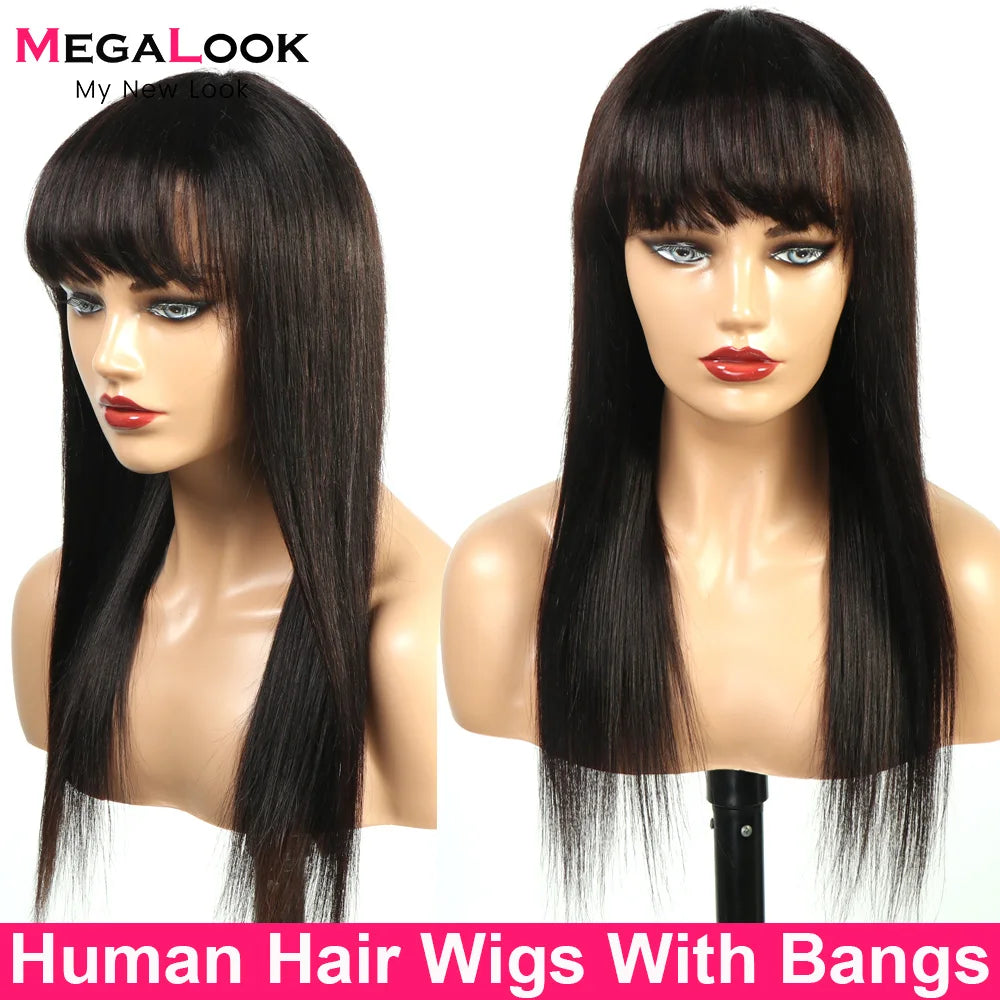 Straight Wig With Bangs Fringe MEGALOOK Brazilian Human Hair Wigs Glueless Full Machine Made Remy Human Hair Wigs For Women 180%