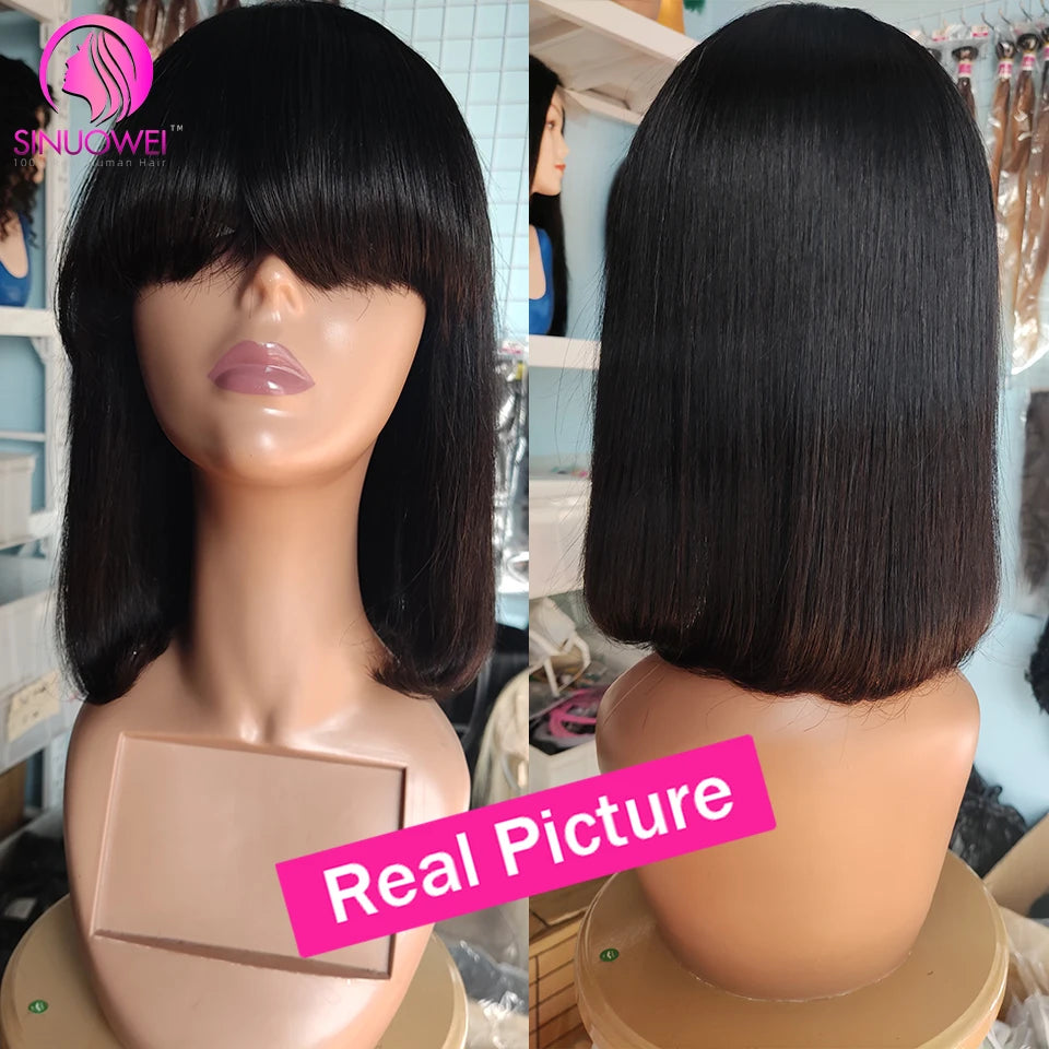 Bob Bang Wigs Fringe Brazilian Human Hair Wigs 8-14inch 180 Density Bone Straight Short Bob Wig With Bang Double Drawn Wigs