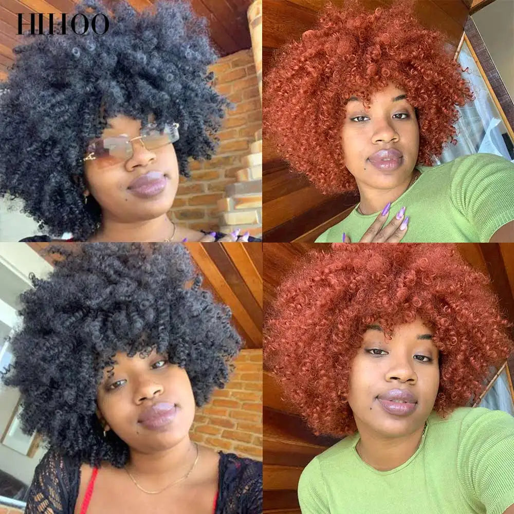 Short Hair Kinky Curly Afro Wigs With Bangs For Women 10" Synthetic African Glueless Cosplay Heat Resistant Wigs HIHOO