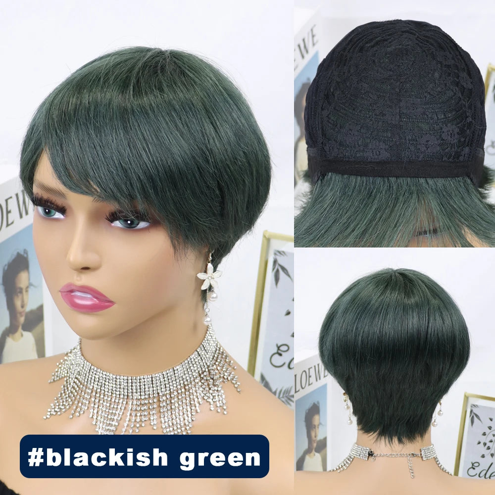 Pixie Short Cut  Wig with Bangs Brazilian Straight Wigs 100% Human Hair Wig for Black Women Blonde Color Non Lace Wigs