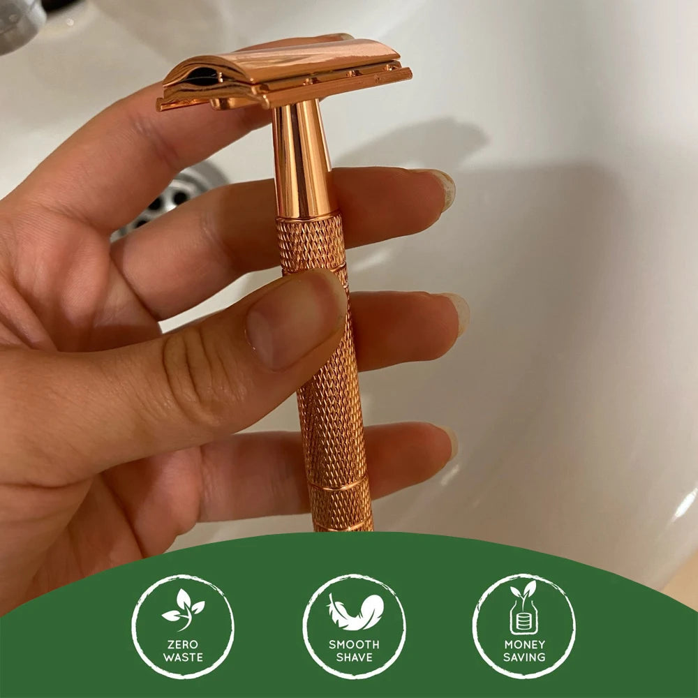 HAWARD Rose Gold Razor Classic Double Edge Safety Razor For Mens Shaving&Womens Hair Removal 10 Shaving Blades Manual Shaver