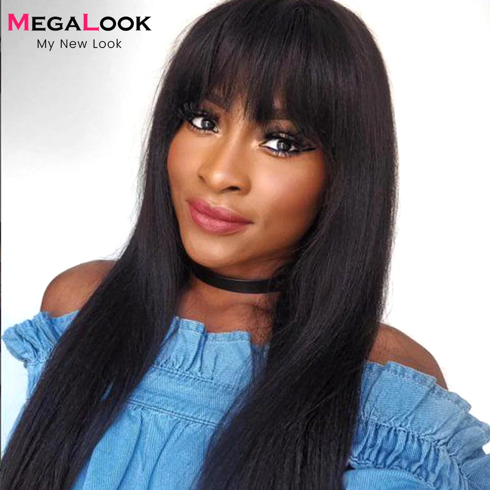 Straight Wig With Bangs Fringe MEGALOOK Brazilian Human Hair Wigs Glueless Full Machine Made Remy Human Hair Wigs For Women 180%