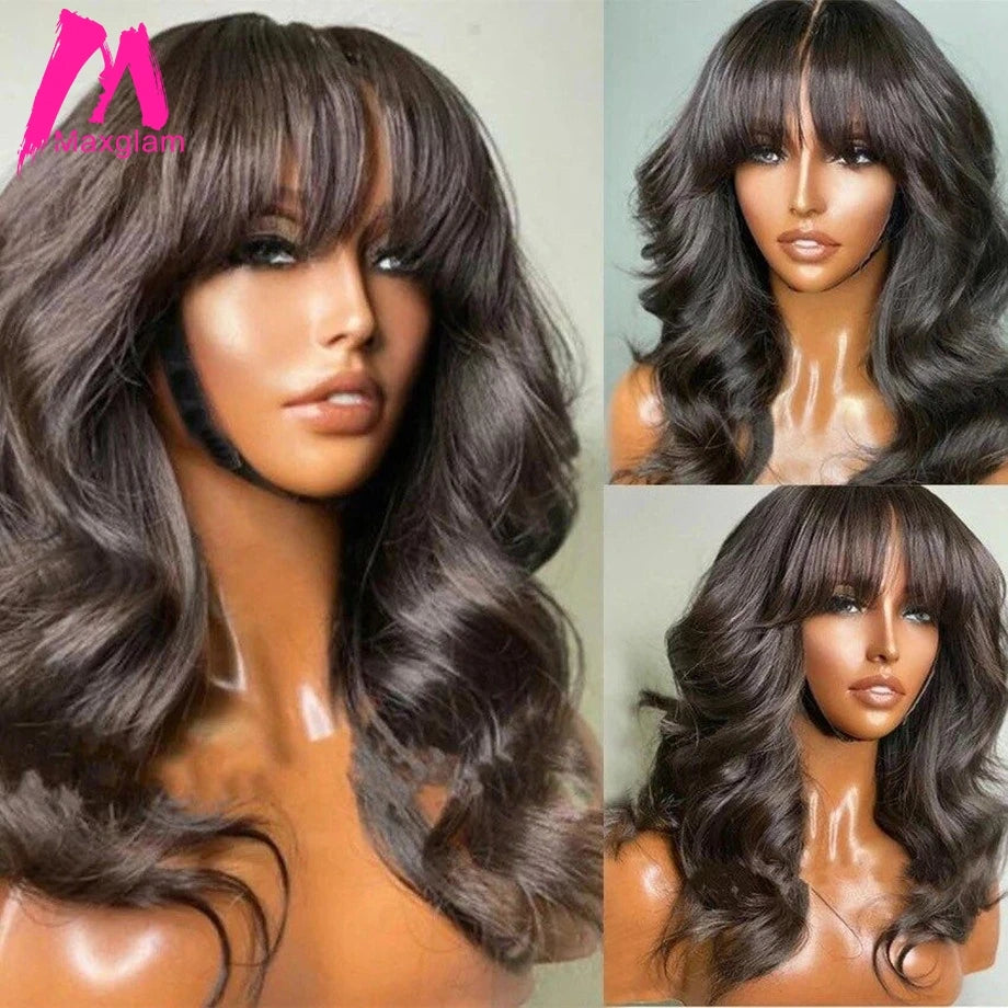 Body Wave Human Hair Wigs With Bangs Brazilian 30 Inch Full Machine Made Wig With Bang Long Natural Remy Human Hair For Women