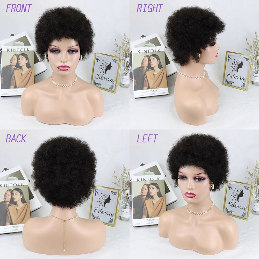 Short Afro Kinky Curly Hair Wigs For Black Women African Fluffy With Bangs Human Hair Wigs Pixie Cut Brazilian Remy Glueless