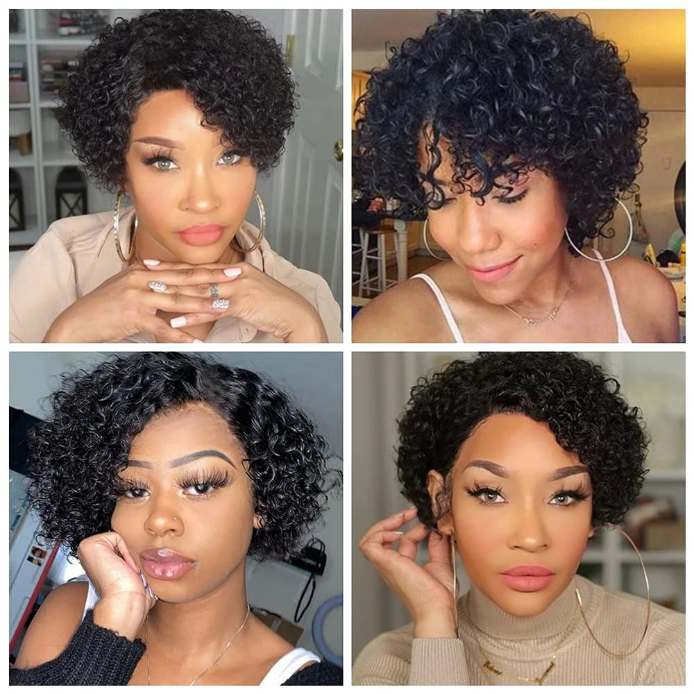 Short Kinky Curly Human Hair Wigs for Women Pixie Cut Side Part Brazilian Remy Hair None Lace Front Human Hair Natural Black