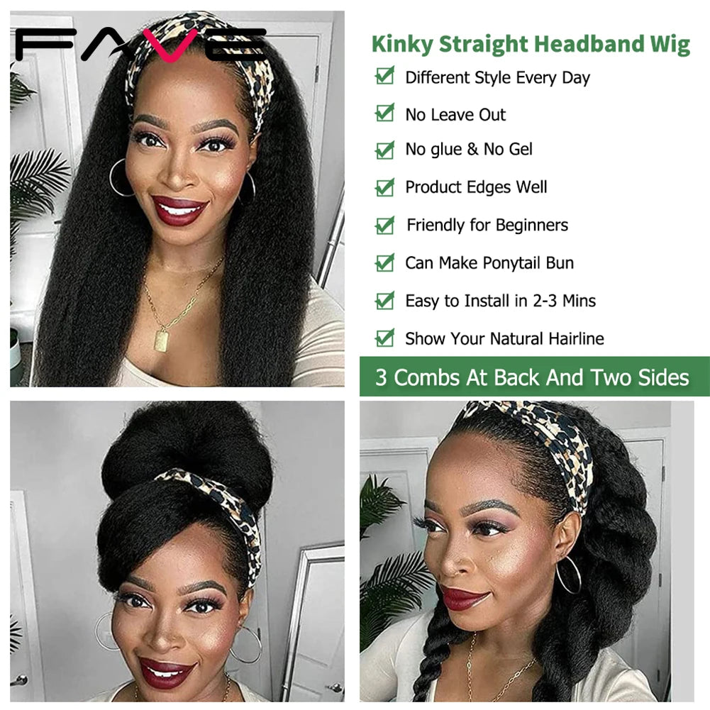 Fave Kinky Straight Headband Wig Synthetic 26 Inch Yaki Straight Hair Heat Resistant Fiber Kinky Afro Wigs For Black White Women