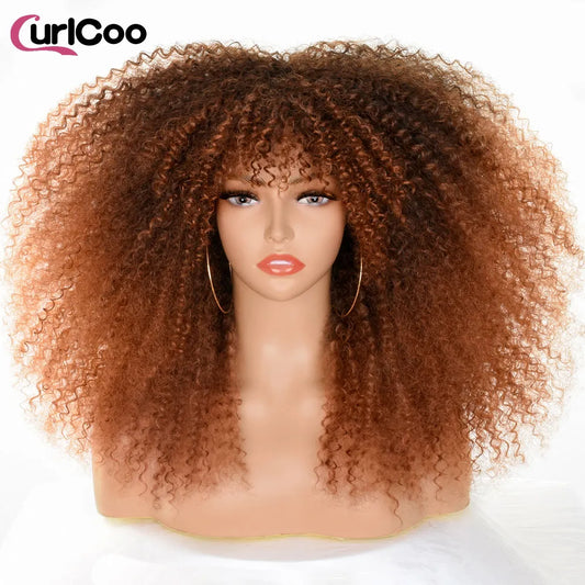 Afro Curly Wigs for Black Women Black to Brown Afro Kinky Curly Wig with Bangs 18Inch Synthetic Fibre Glueless Cosplay Hair