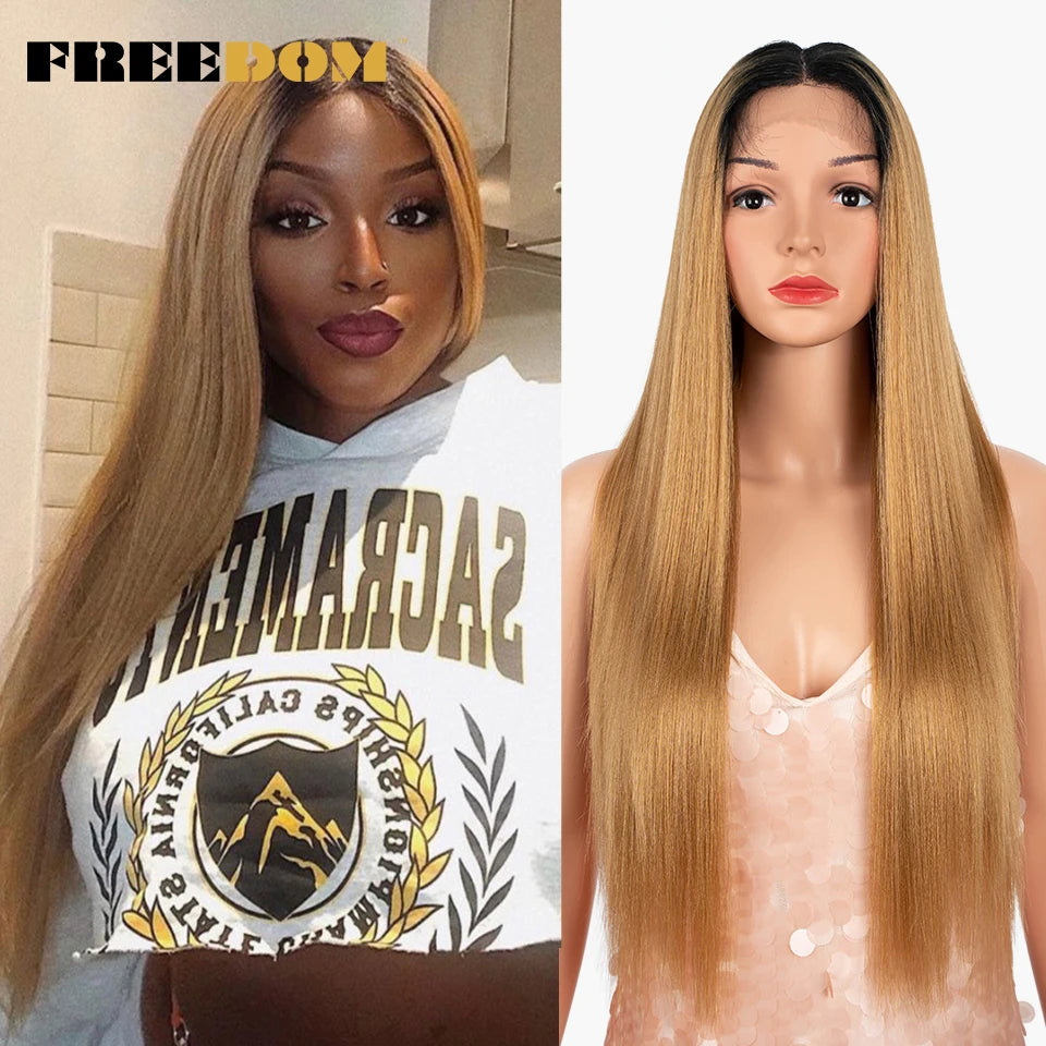 FREEDOM Synthetic Lace Wigs Ombre Blonde Red Brown Lace Front Wigs 28 Inch Long Straight Wigs For Black Women Cosplay Wigs