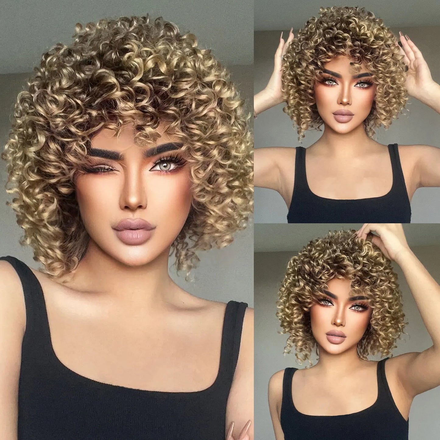 Brown Blonde Curly Hair Synthetic Wigs for Women Short Short Kinky Curly Hair Afro Wigs Glueless Cosplay Hair