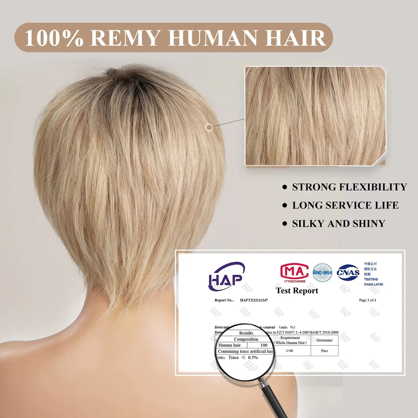 100% Remy Human Hair Ombre Blonde Lace Front Wigs with Bangs Pixie Cut Hairs Short Straight Layered Wigs for Women Bob Human Wig