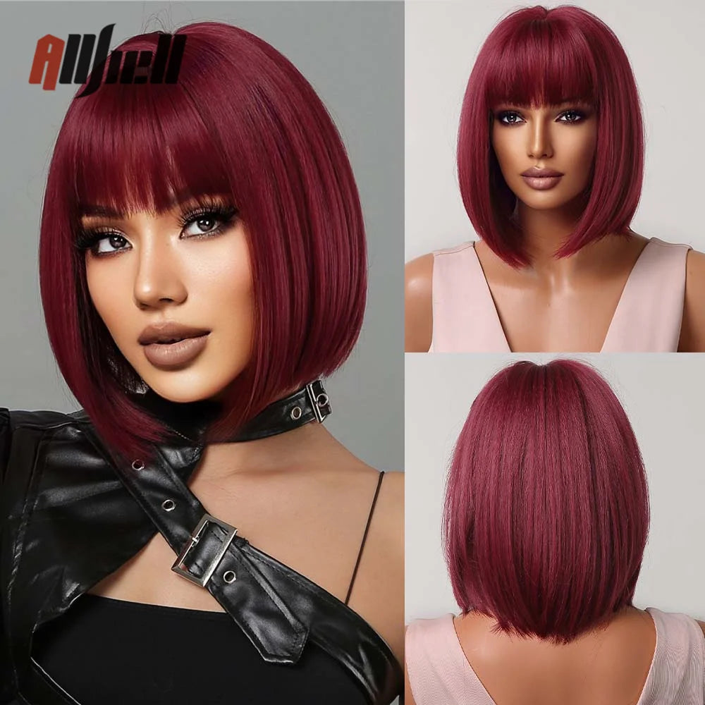 Short Wine Red Bob Wigs With Full Bangs Natural Synthetic Wigs for Women Heat Resistant Female Fake Hair Afro Cosplay Daily