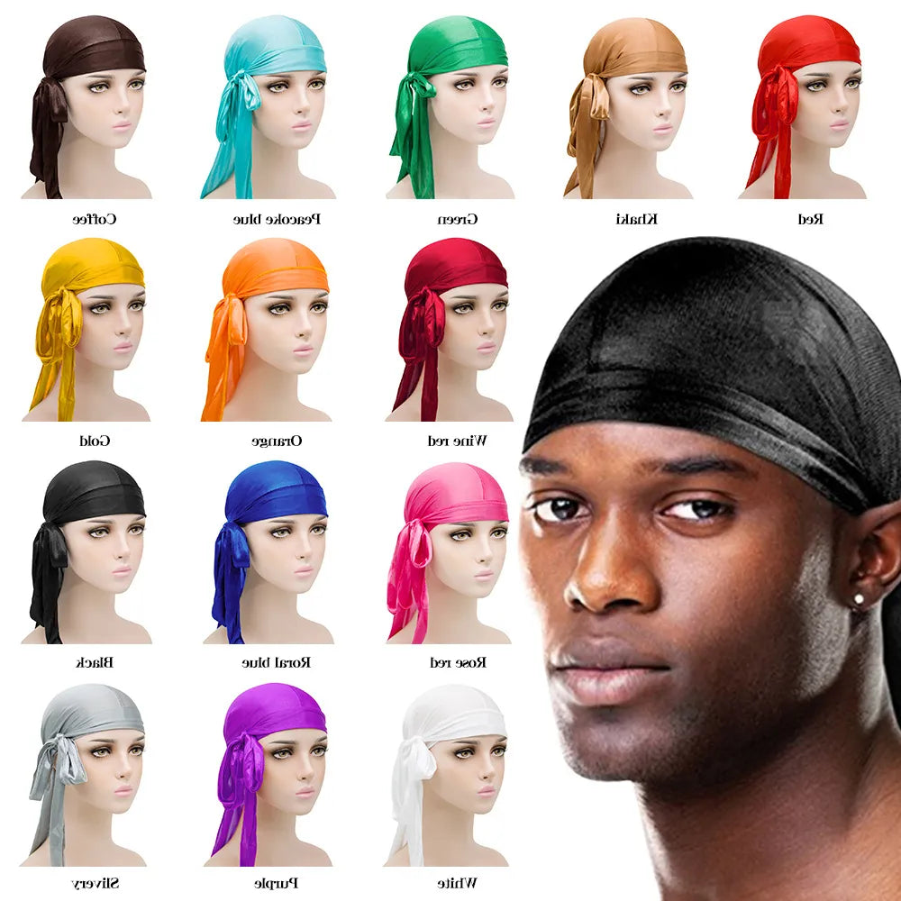 Men's Silky Durags Bandanas Turban Hat Wigs Doo Satin Durag Biker Headwear Headband Du-Rag Hair Accessories