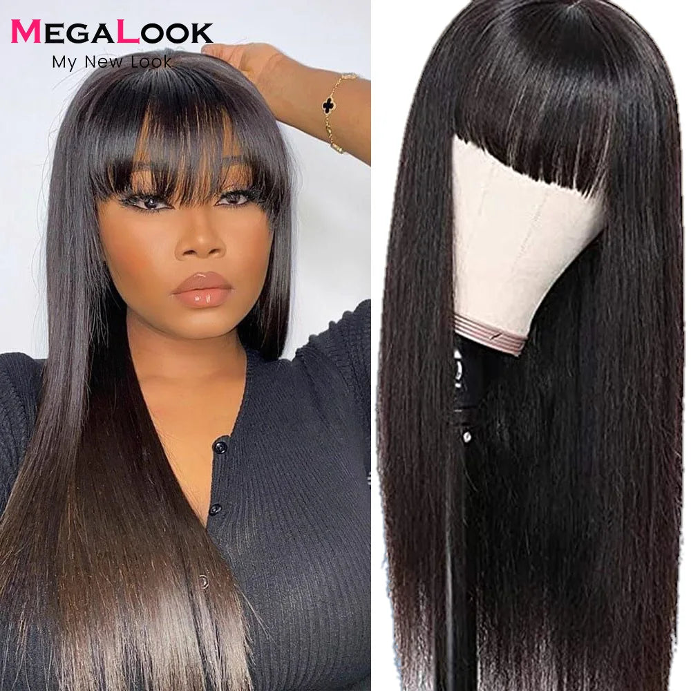 Straight Wig With Bangs Fringe MEGALOOK Brazilian Human Hair Wigs Glueless Full Machine Made Remy Human Hair Wigs For Women 180%