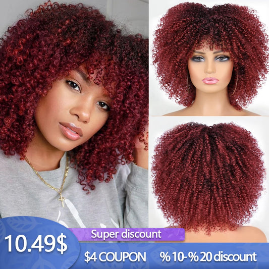 LINGHANG Short Hair Afro Kinky Curly Wigs With Bangs For Black Women African Synthetic Omber Glueless Cosplay Wigs Gradient Hair